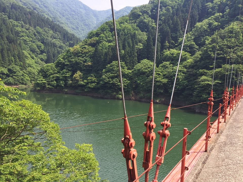 緑に映える赤い吊橋 いいじ金沢